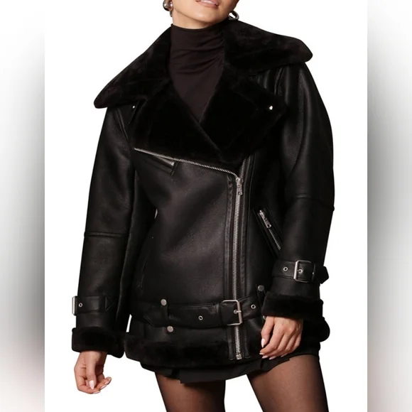 Avec Les Filles Faux Shearling Trim Faux Leather Oversized Biker Moto Jacket XS - Picture 4 of 13